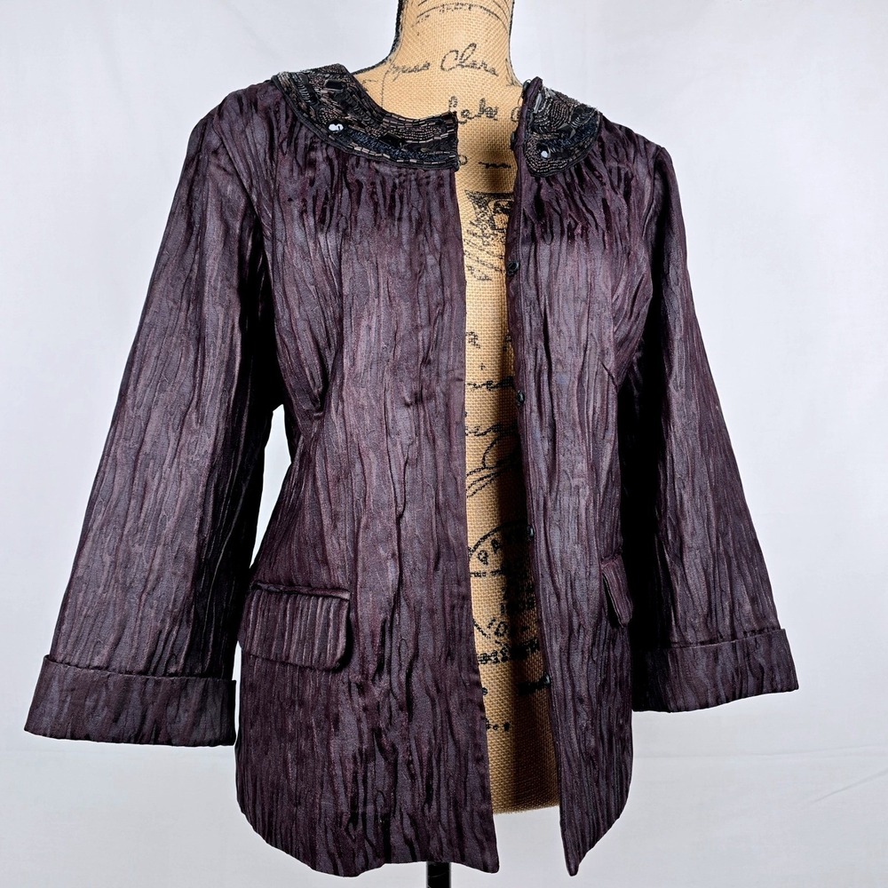 Chico's Plum Purple Crinkle Textured Beaded Gemstone Collar Evening Jacket 3(XL)
